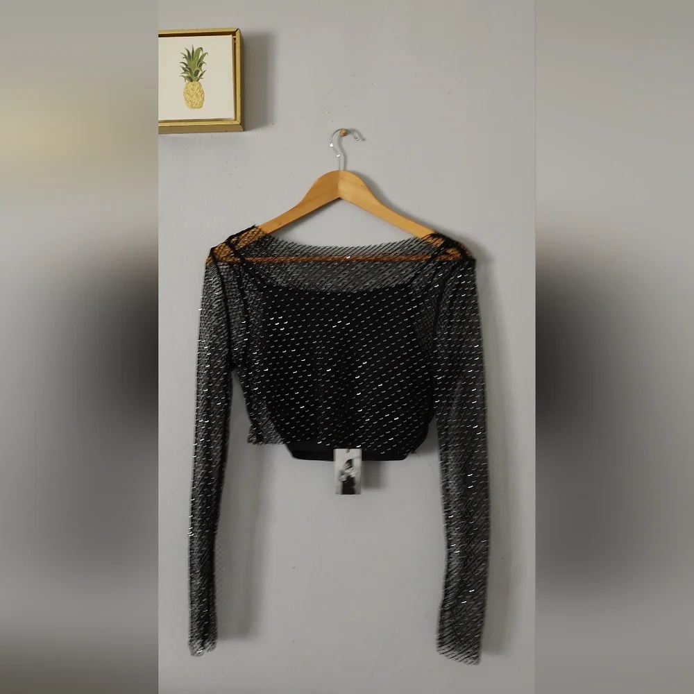 Sincerely Jules Crop top Mesh  Black Shiny Style Sexy  2 Piece New    Medium - Picture 9 of 10